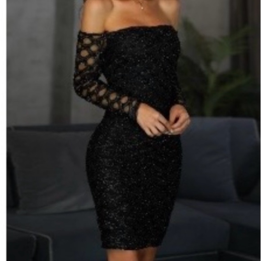 Sequined black long sleeve mini dress style 29